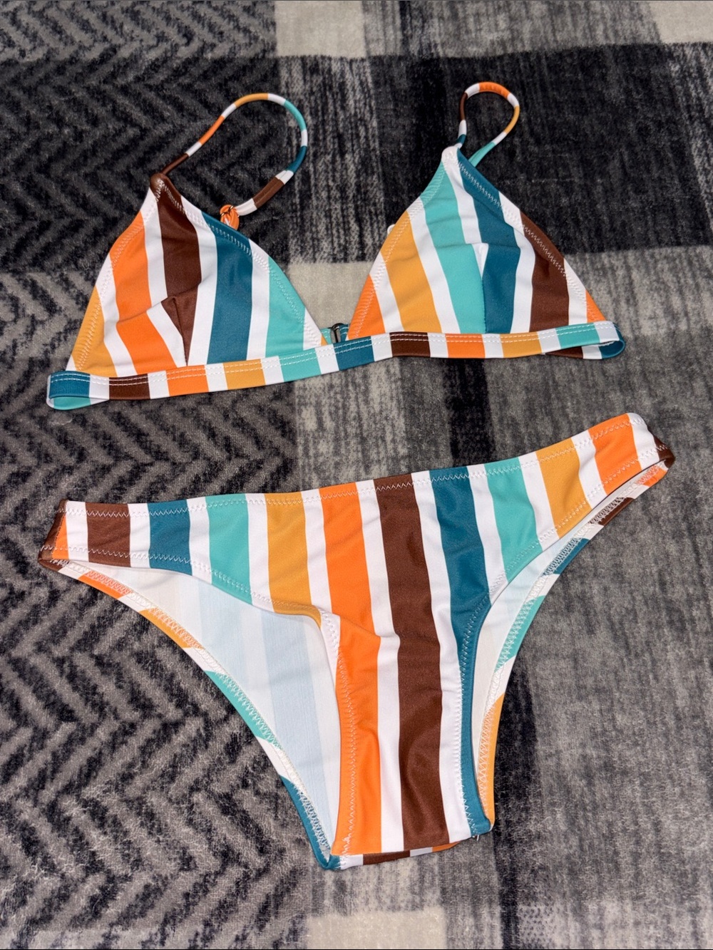 SHEIN Striped Triangle Bikini in Teal, Orange, Brown & White